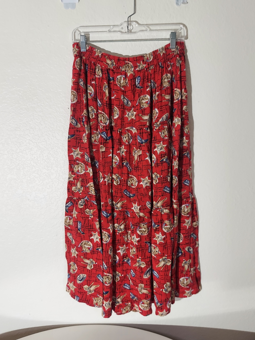 Rhythm Blue Vtg Red Western Horse/Boot Print Elastic Waist Maxi Skirt WM Size M